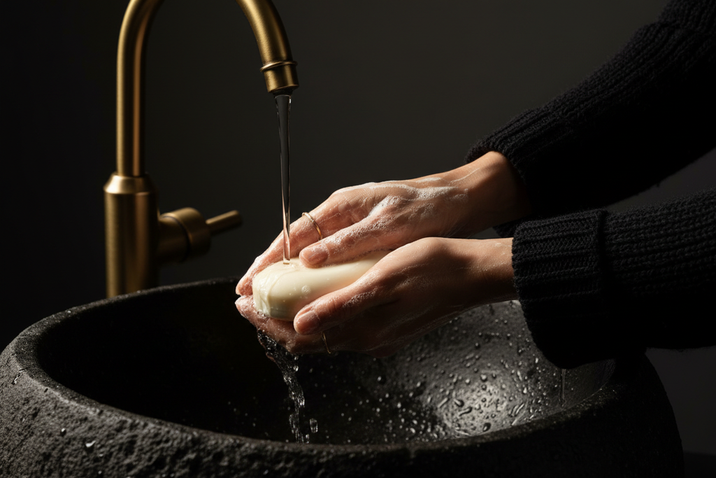 Hands lathering an ivory aloe soap bar under water at a black stone sink