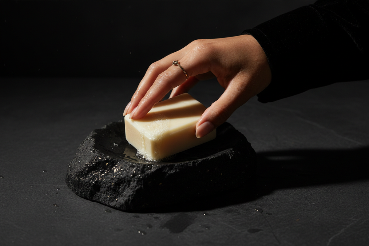 A hand lifting a wet ivory aloe soap bar from a black stone dish