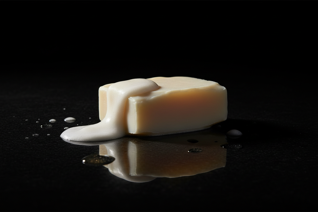 Ivory aloe soap bar on black lacquered stone with a soft creamy lather smear