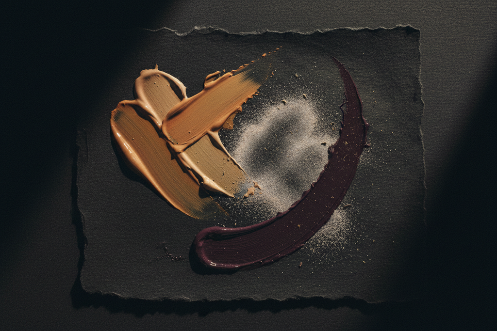 Editorial flat lay of foundation swatches, setting powder, and eggplant gel eyeliner on charcoal textured paper