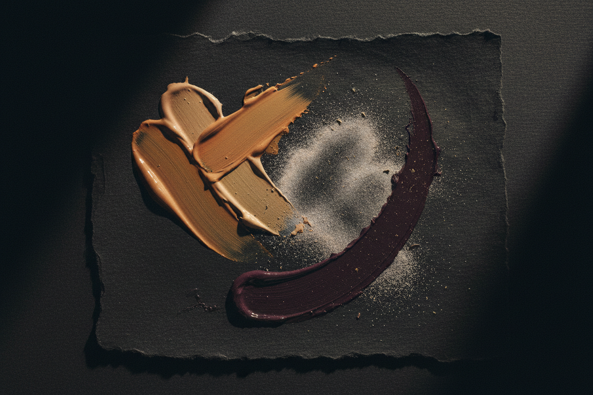 Editorial flat lay of foundation swatches, setting powder, and eggplant gel eyeliner on charcoal textured paper