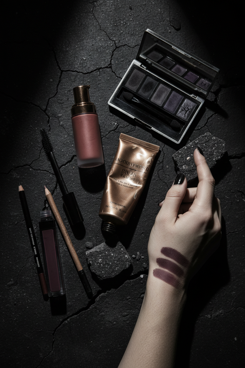 Face Forward everyday makeup kit — 7 products on dark concrete with model hand swatching lip stain