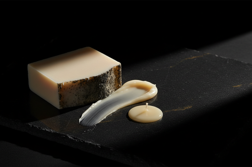 Ivory soap bar, charcoal soap edge, creamy hand balm, and pale candle wax on black lacquered stone