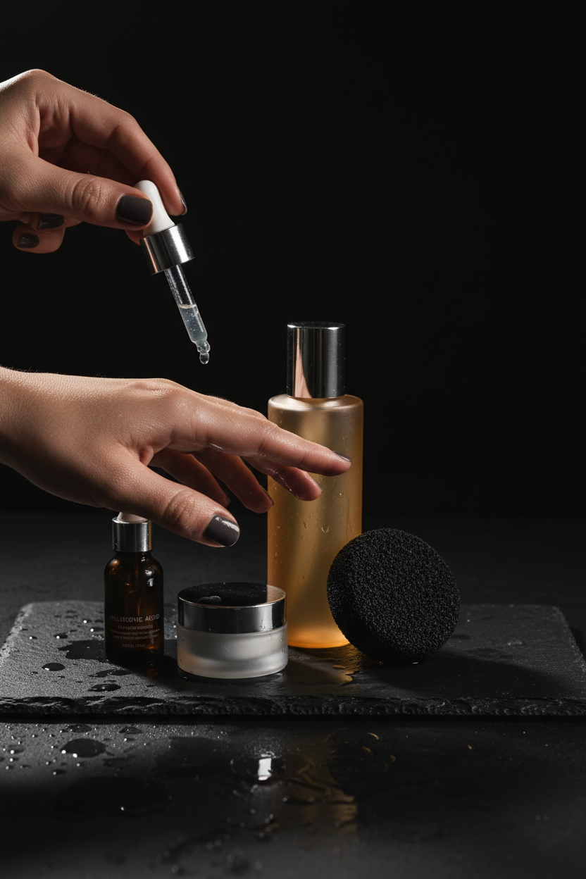 Skin Reset vegan skincare kit — cleanser, konjac sponge, hyaluronic serum and moisturizer on dark stone with model hands